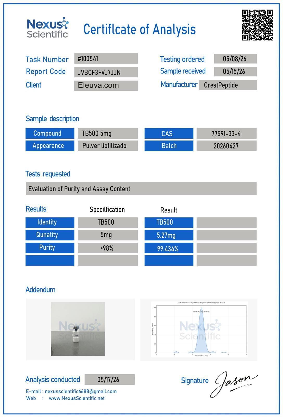 TB500 (Thymosin B4 Acetate) 2mg — Certificate of Analysis (TB500 5mg)