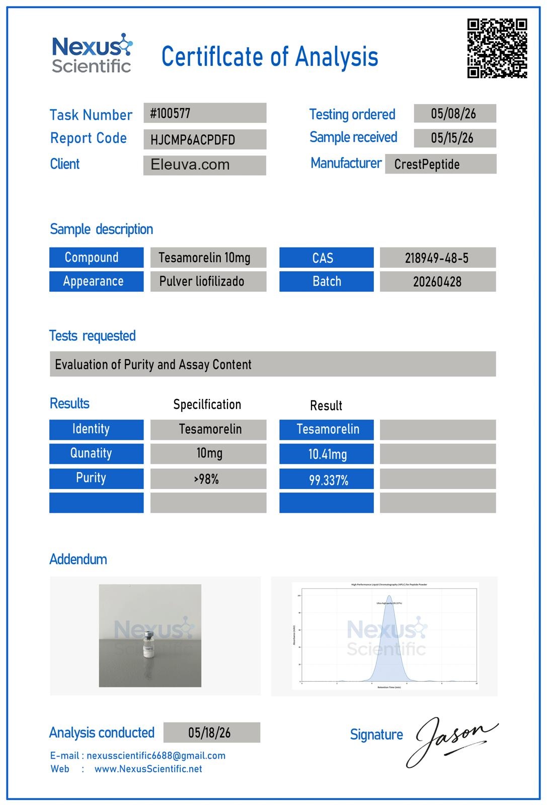 Tesamorelin 10mg — Certificate of Analysis (Tesamorelin 10mg)